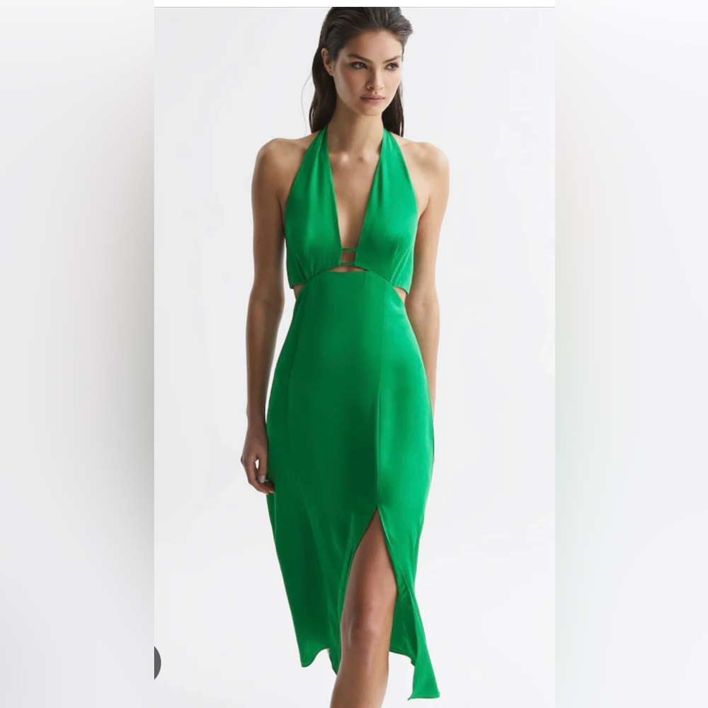 Reiss Green Maia Halter Neck Midi Dress